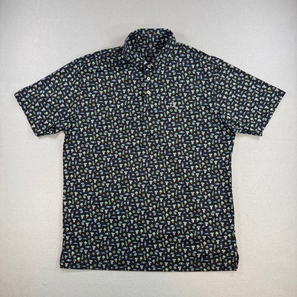 Rhoback Polo Shirt Men XL Black AOP Tropical Beach Cocktail Performance Golf SS